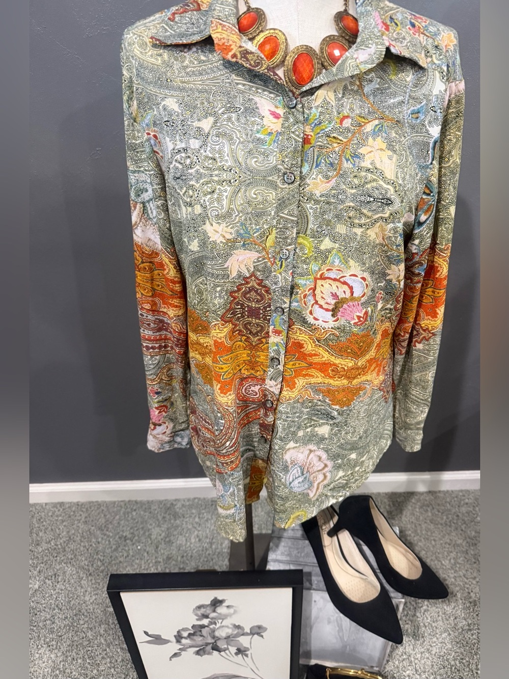 Paisley Floral Button-Front Tunic in Olive and Orange
